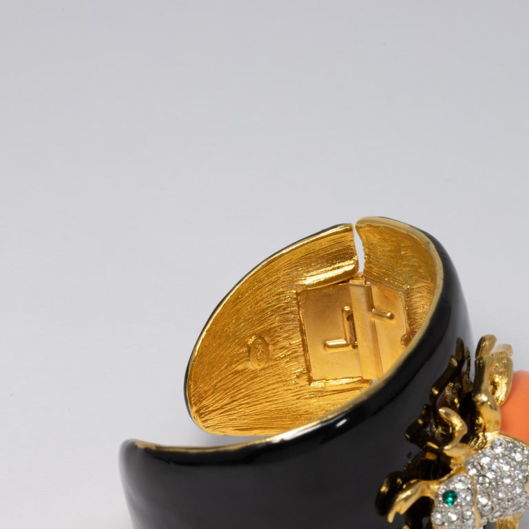KJL Kenneth Jay Lane Black Enamel Crystal and Resin Scarab Cuff Bracelet in Gold