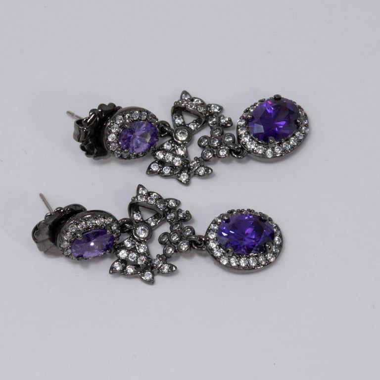 CZ by Kenneth Jay Lane Amethyst Crystal Drop Earrings with Bow Motifs, Post Back