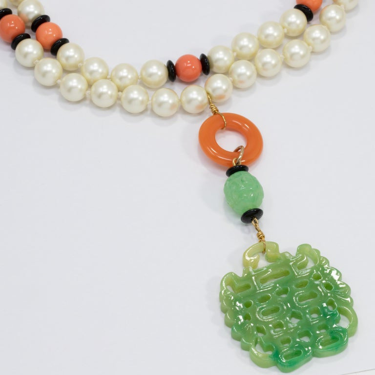 KJL Kenneth Jay Lane Art Deco Faux Jade Carved Pendant Faux Pearl Necklace