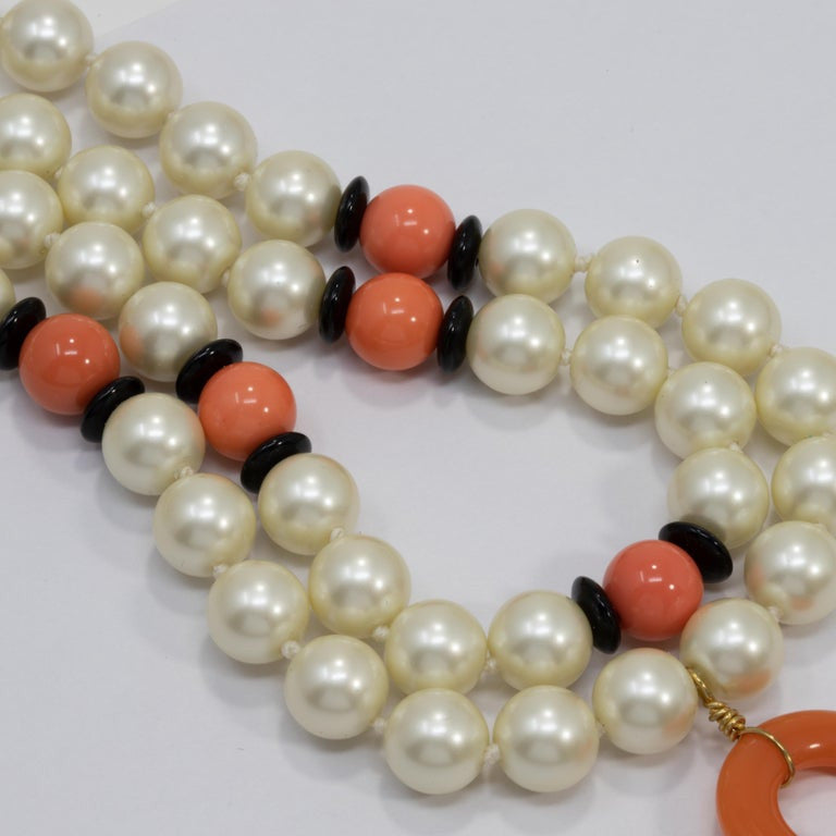 KJL Kenneth Jay Lane Art Deco Faux Jade Carved Pendant Faux Pearl Necklace