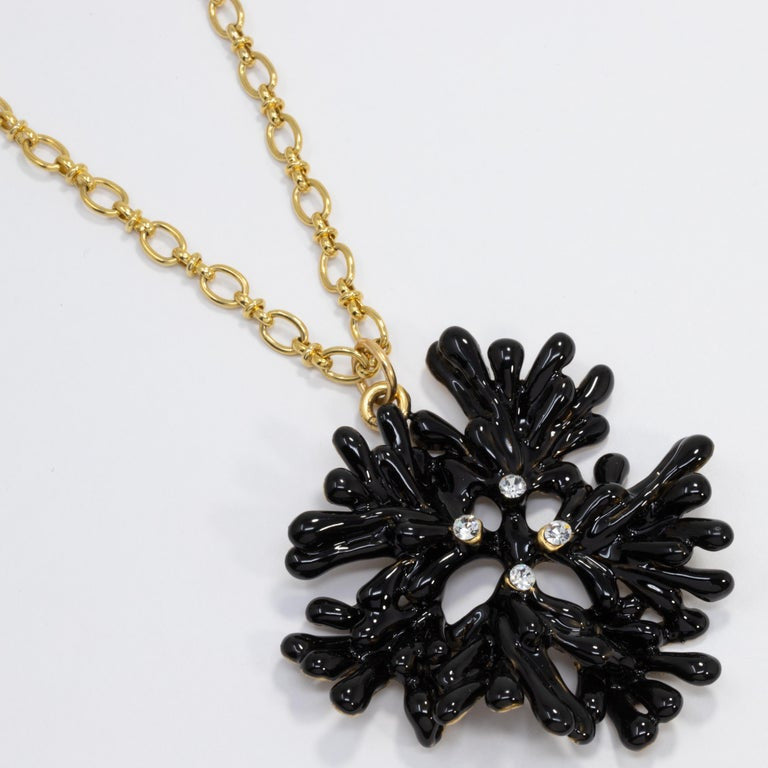 Oscar de la Renta Embellished Black Crystal Coral Motif Pendant on Gold Chain