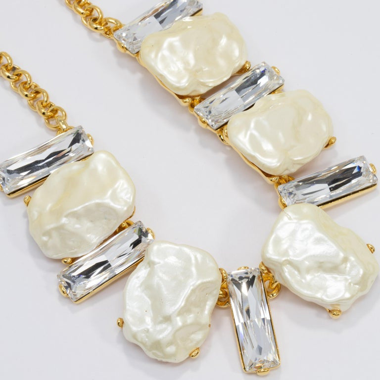 KJL Kenneth Jay Lane Clear Crystal and Faux Mother of Pearl Gold Collar Necklace
