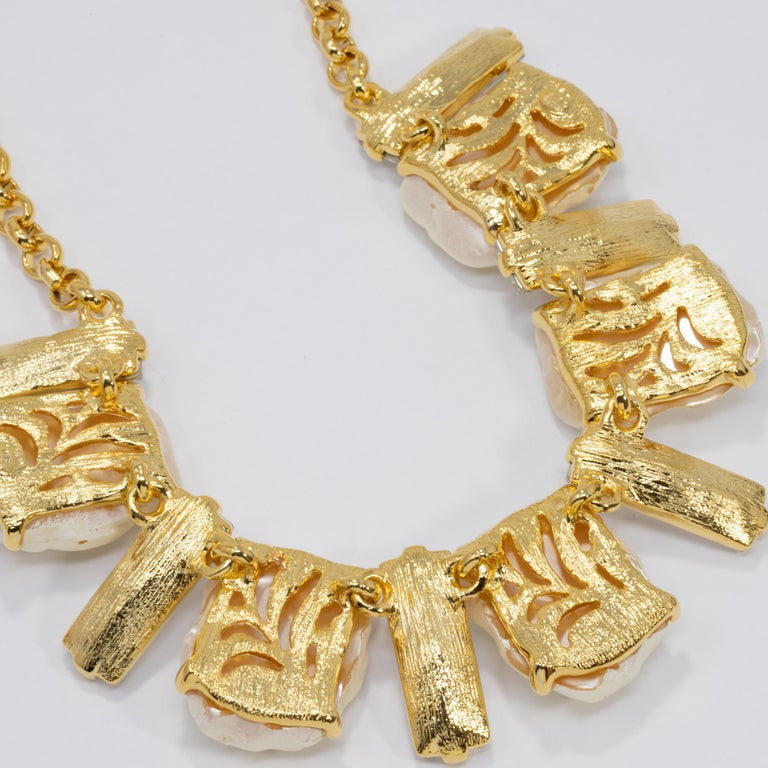 KJL Kenneth Jay Lane Clear Crystal and Faux Mother of Pearl Gold Collar Necklace