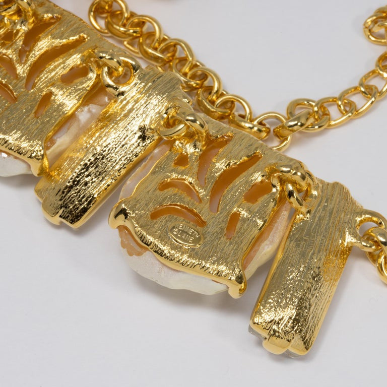 KJL Kenneth Jay Lane Clear Crystal and Faux Mother of Pearl Gold Collar Necklace