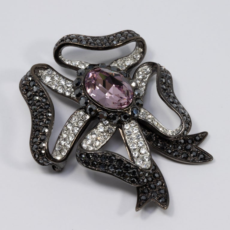 KJL Kenneth Jay Lane Pave Crystal Bow Motif Pin Brooch on Dark Gray Gunmetal