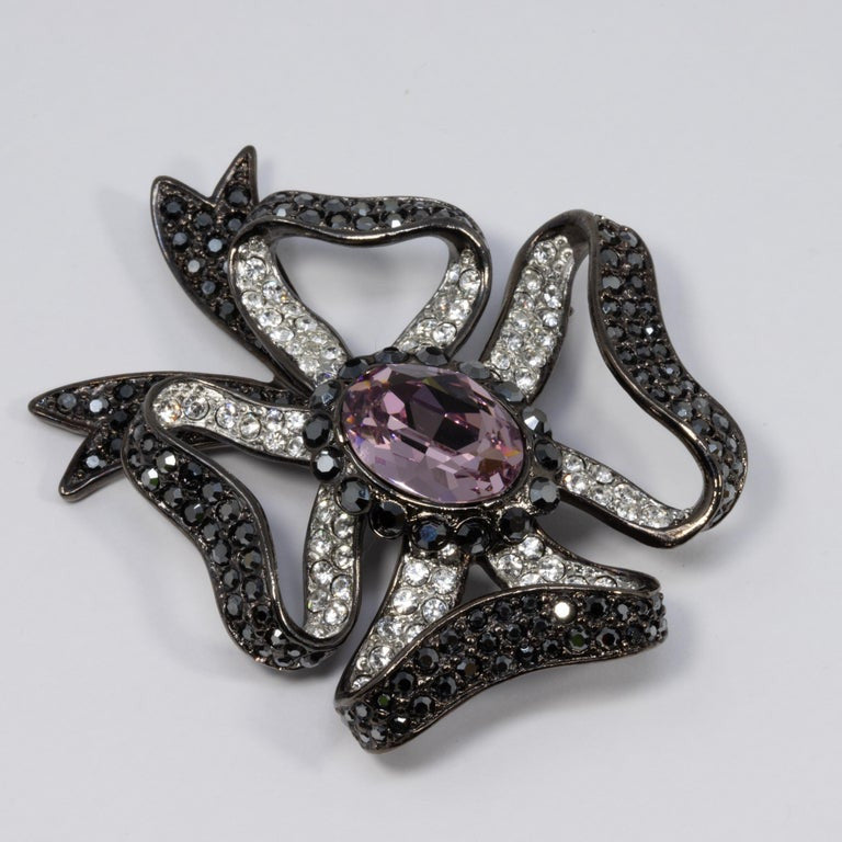 KJL Kenneth Jay Lane Pave Crystal Bow Motif Pin Brooch on Dark Gray Gunmetal