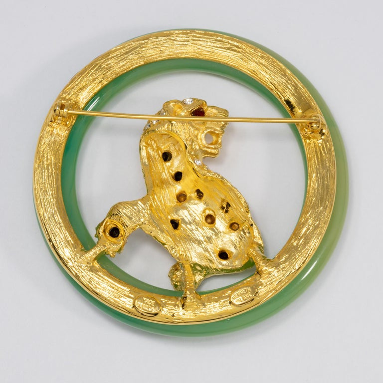 KJL Kenneth Jay Lane Art Deco Faux Jade Jeweled Leopard Cat Pin Brooch, Modern