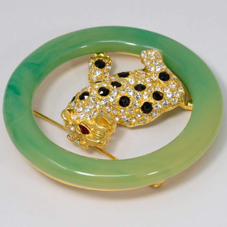 KJL Kenneth Jay Lane Art Deco Faux Jade Jeweled Leopard Cat Pin Brooch, Modern