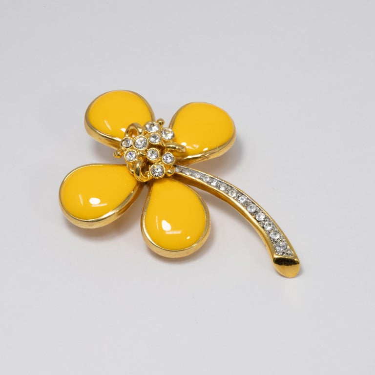 KJL Kenneth Jay Lane Embellished Flower Pin Brooch Yellow Resin Petals, Crystals