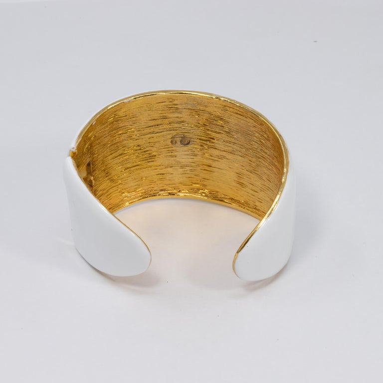 KJL Kenneth Jay Lane White Enamel Crystal and Resin Scarab Cuff Bracelet in Gold