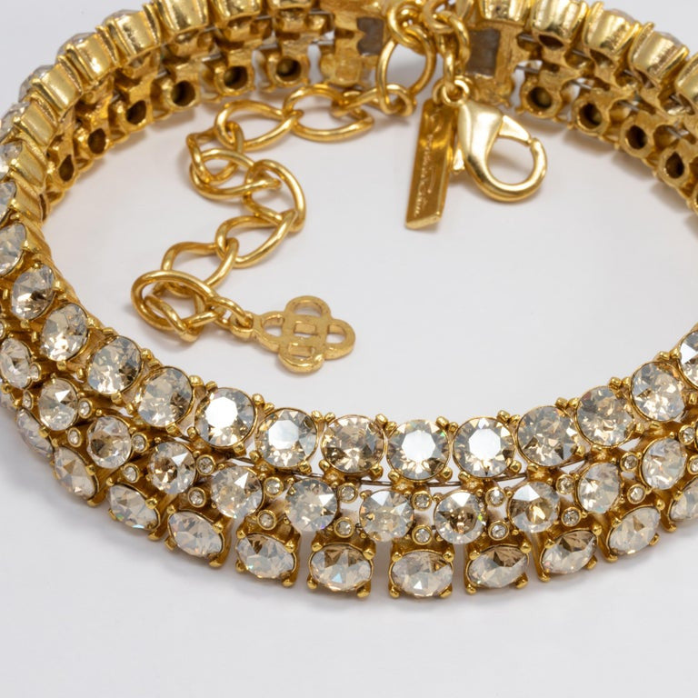 Oscar de la Renta Pave Clear Crystal Gold Choker Collar Necklace, Three Row