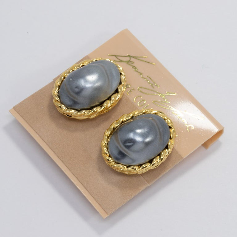 Kenneth Jay Lane KJL Mother of Pearl Gold Embellished Bezel Clip on Earrings