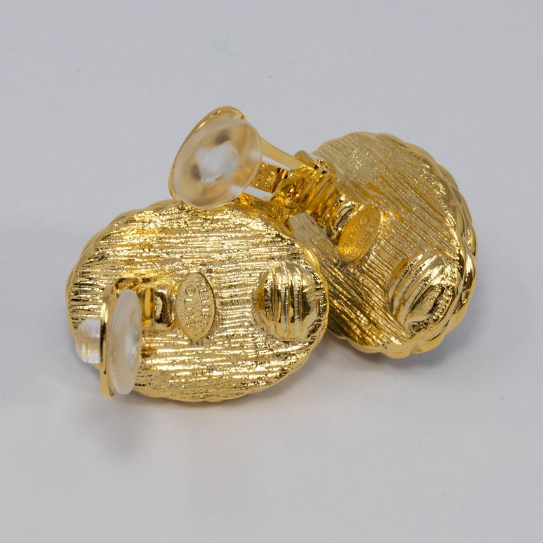 Kenneth Jay Lane KJL Mother of Pearl Gold Embellished Bezel Clip on Earrings