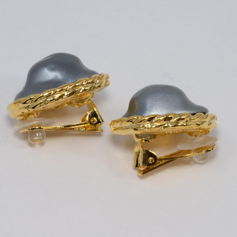 Kenneth Jay Lane KJL Mother of Pearl Gold Embellished Bezel Clip on Earrings