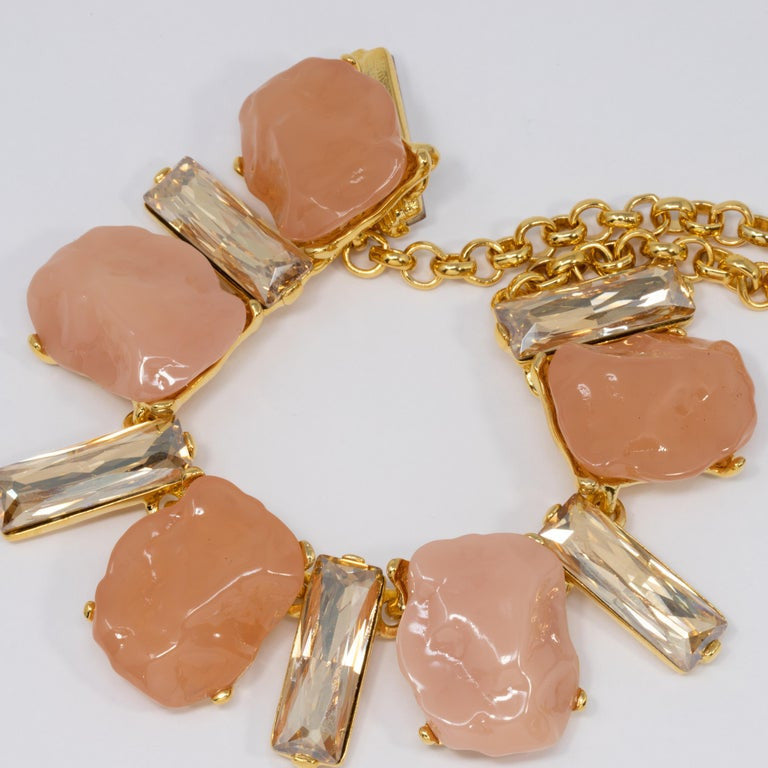 KJL Kenneth Jay Lane Clear Crystal and Pink Rock Gold Collar Necklace