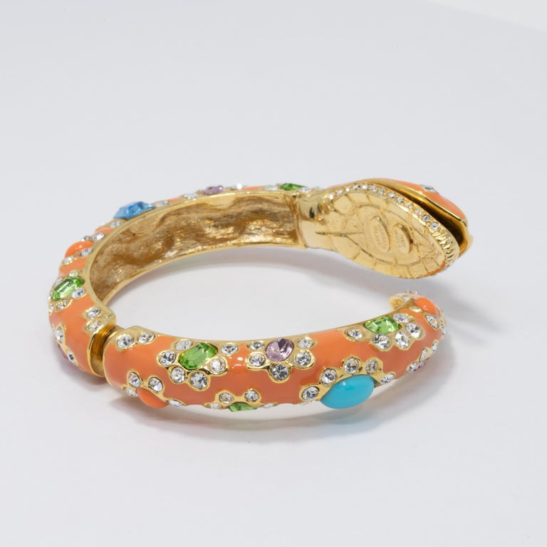 KJL Kenneth Jay Lane Embellished Crystal and Coral Enamel Snake in Cuff Bracelet