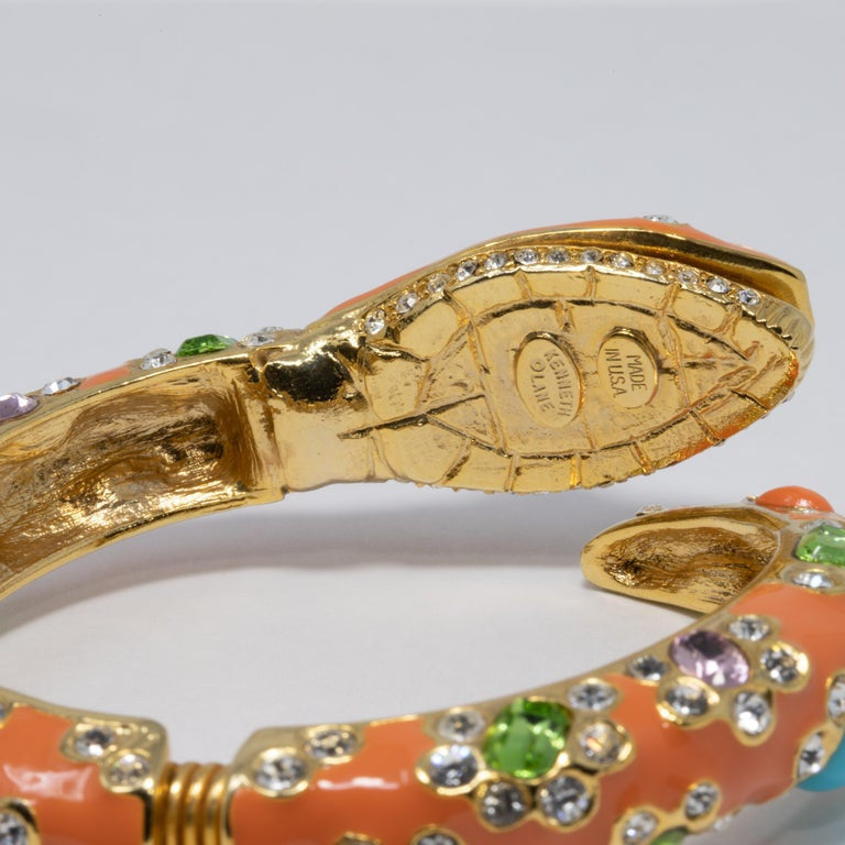 KJL Kenneth Jay Lane Embellished Crystal and Coral Enamel Snake in Cuff Bracelet