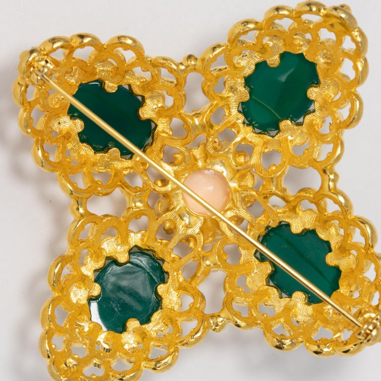 KJL Kenneth Jay Lane Gold Filigree, Green Cabochon and Crystal Pin Brooch
