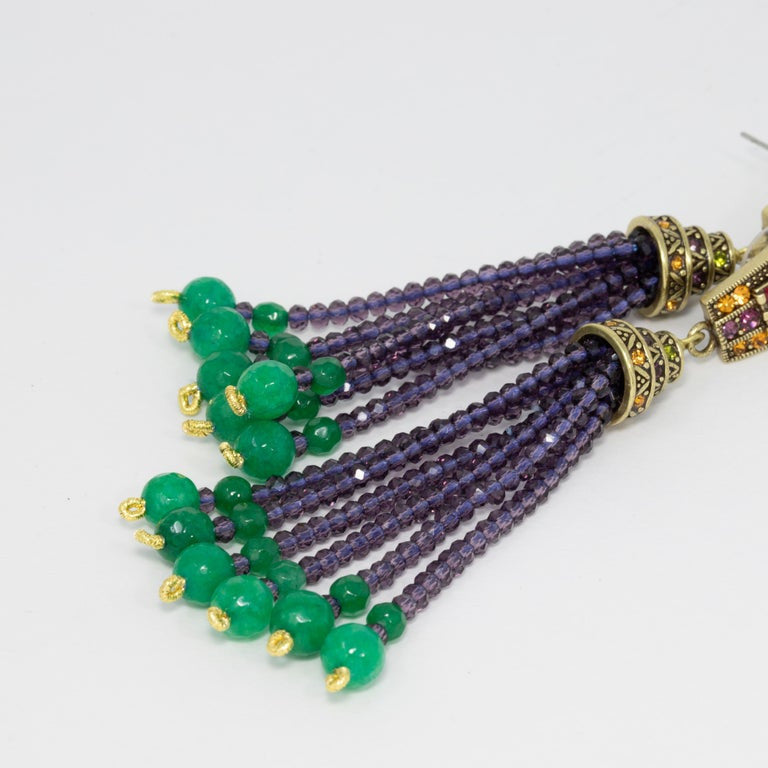Heidi Daus "Windsor Tassels" Beaded Drop Earrings in Purple, Green, Crystals
