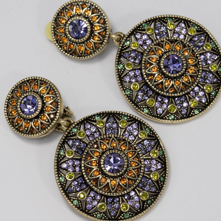 Heidi Daus Colorful Crystal Kaleidoscope Round Clip On Dangle Earrings