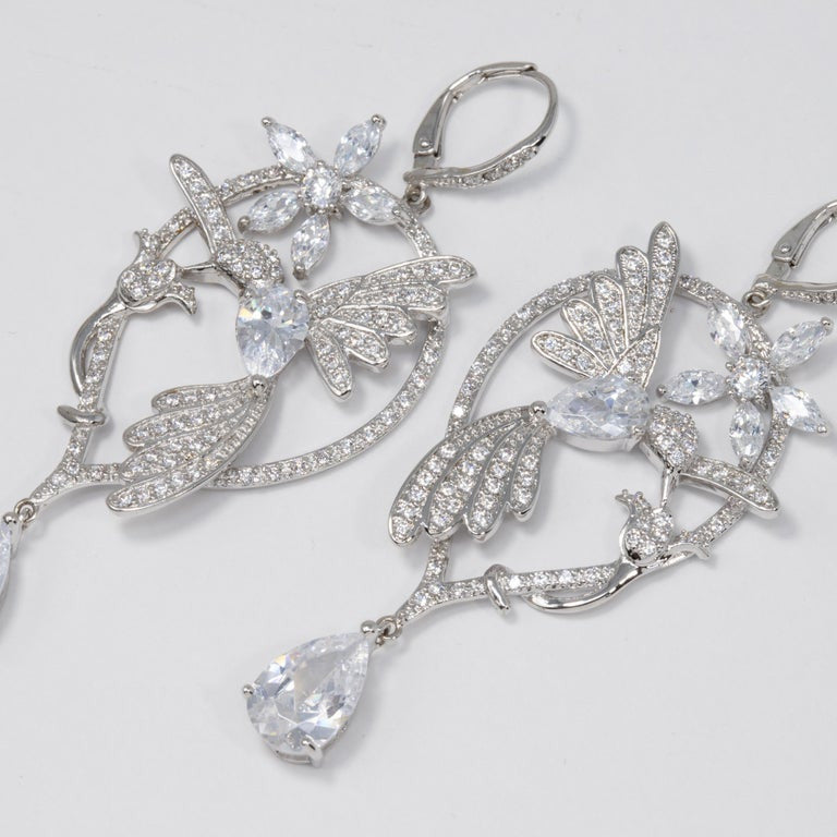CZ By Kenneth Jay Lane Glittering Flowers Danglig Cubic Zirconia Earrings