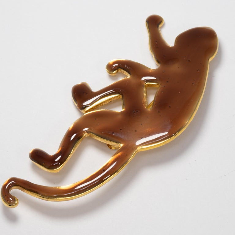 Oscar de la Renta Caramel Enamel Monkey Pin Brooch in Gold