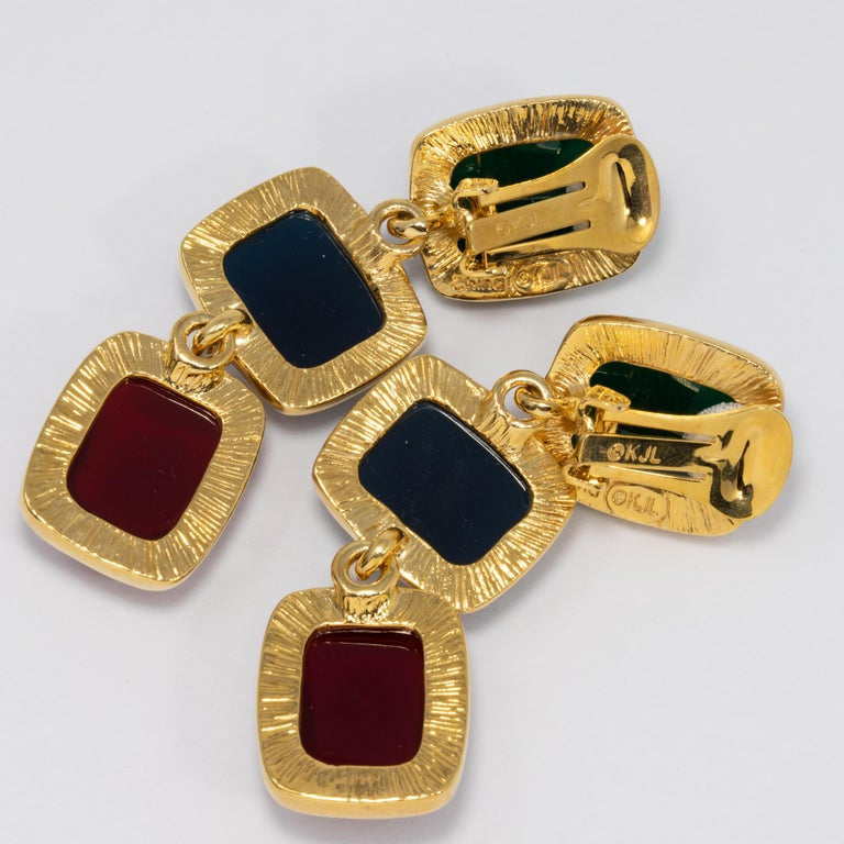 Kenneth Jay Lane KJL Multicolor Jelly Cabochon Gold Bezel Drop Dangle Earrings