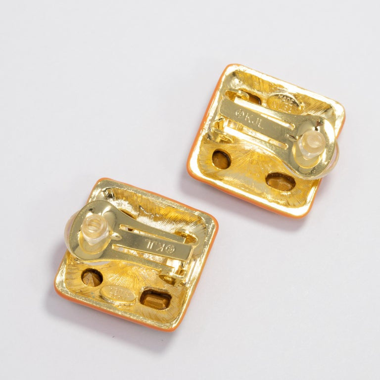 Kenneth Jay Lane KJL Coral Enamel Bezel Ruby Crystal Square Clip on Earrings
