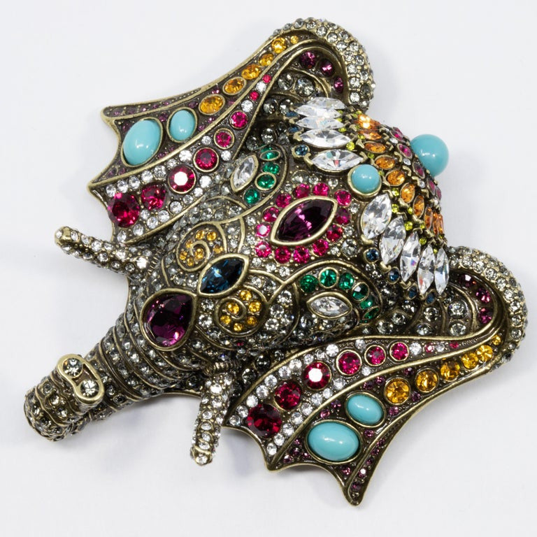 Heidi Daus Chic Sheik Jeweled Elephant Pin Brooch, Antique Brass Tone