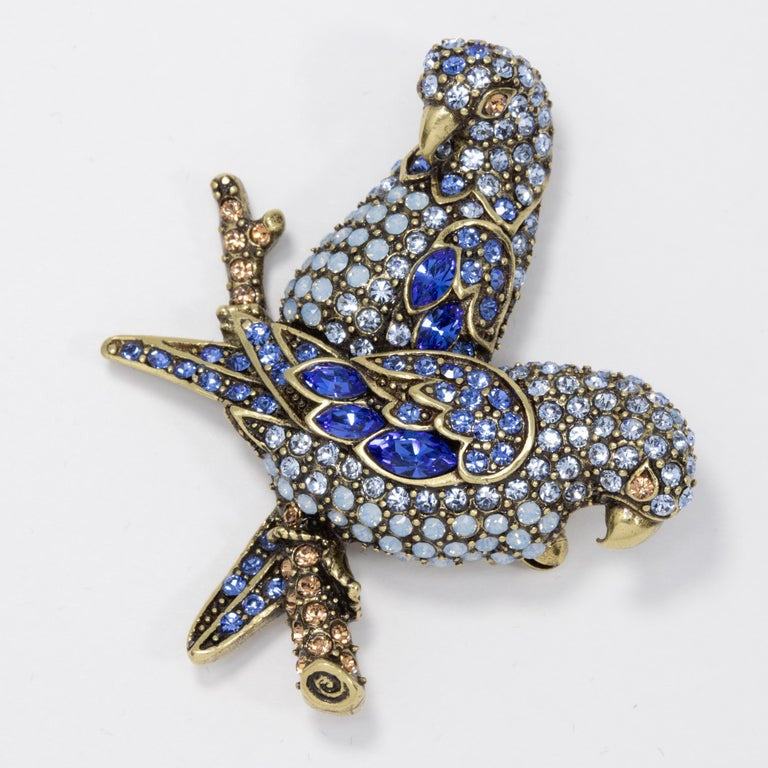 Heidi Daus Embellished Pave Aquamarine Crystal Parrot Pair Brooch