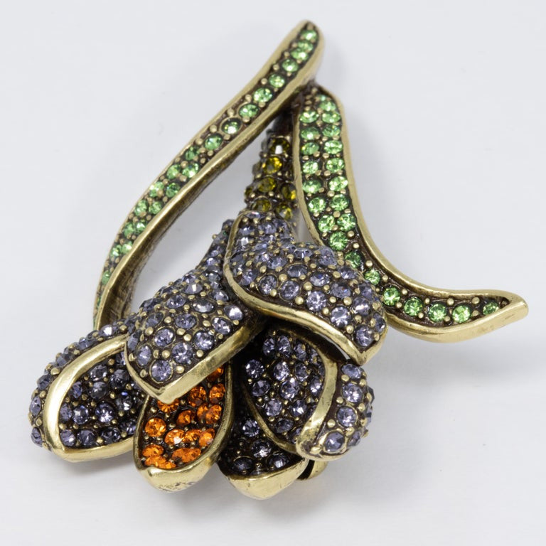 Heidi Daus Flowing Flower Pin Brooch, Crystals and Antique Brass Tone