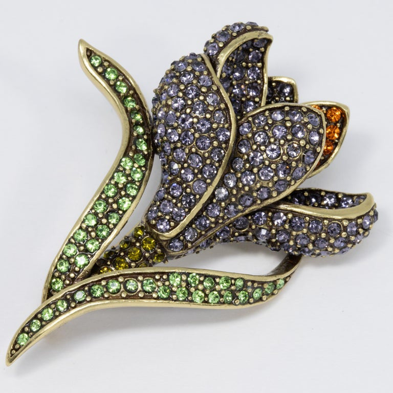 Heidi Daus Flowing Flower Pin Brooch, Crystals and Antique Brass Tone