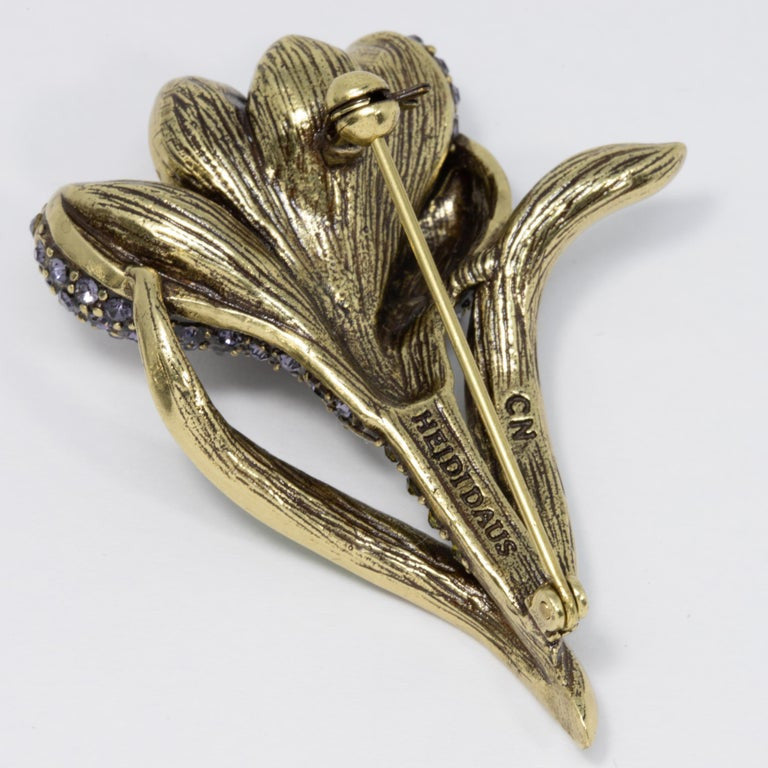 Heidi Daus Flowing Flower Pin Brooch, Crystals and Antique Brass Tone