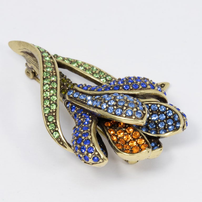 Heidi Daus Flowing Flower Pin Brooch  Pave Crystals and Antique Brass Tone