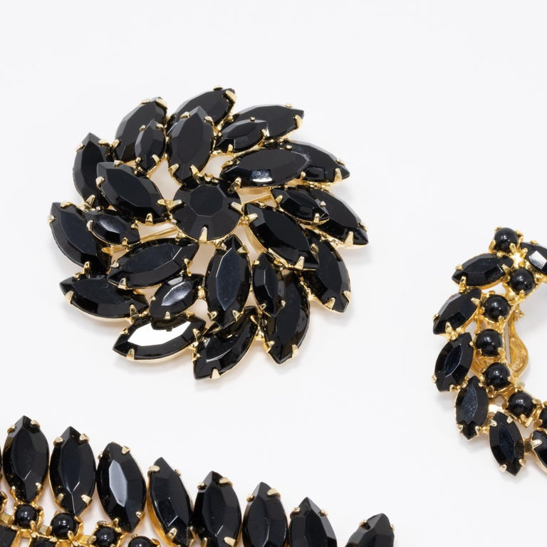 Napier Collection Jet Crystal Pin, Bracelet, Clip on Earrings Set in Gold