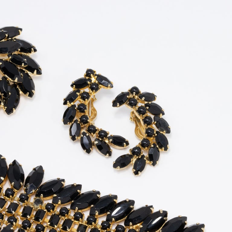 Napier Collection Jet Crystal Pin, Bracelet, Clip on Earrings Set in Gold