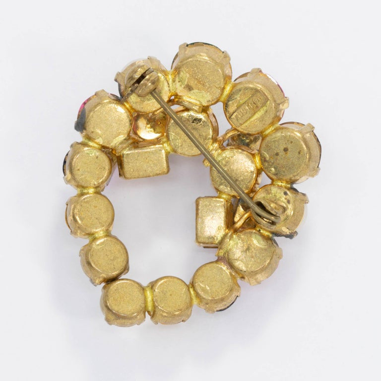 Austrian Multi Color Glass Crystal Cluster and Faux Pearl Pin Brooch in Gold