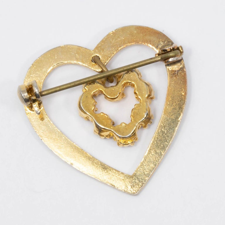 Double Heart Charm Dangling Crystal Pin Brooch in Gold, Mid 1900s