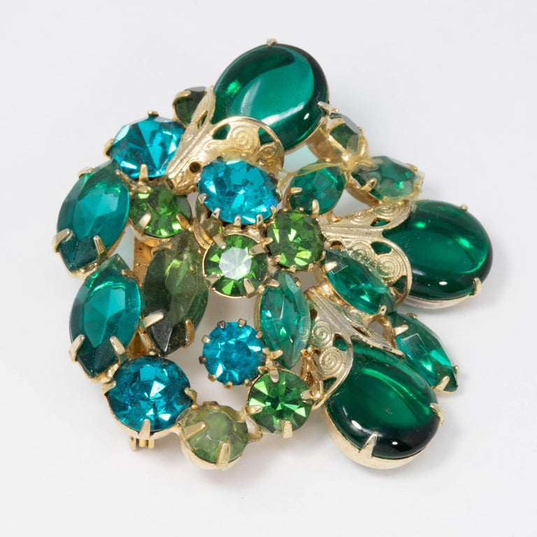 Pacific Opal and Emerald Colored Open Back Crystal and Cabochon Pin Brooch