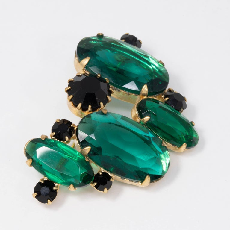Jet Black and Emerald Green Open Back Crystal Pin Brooch, Mid 1900s