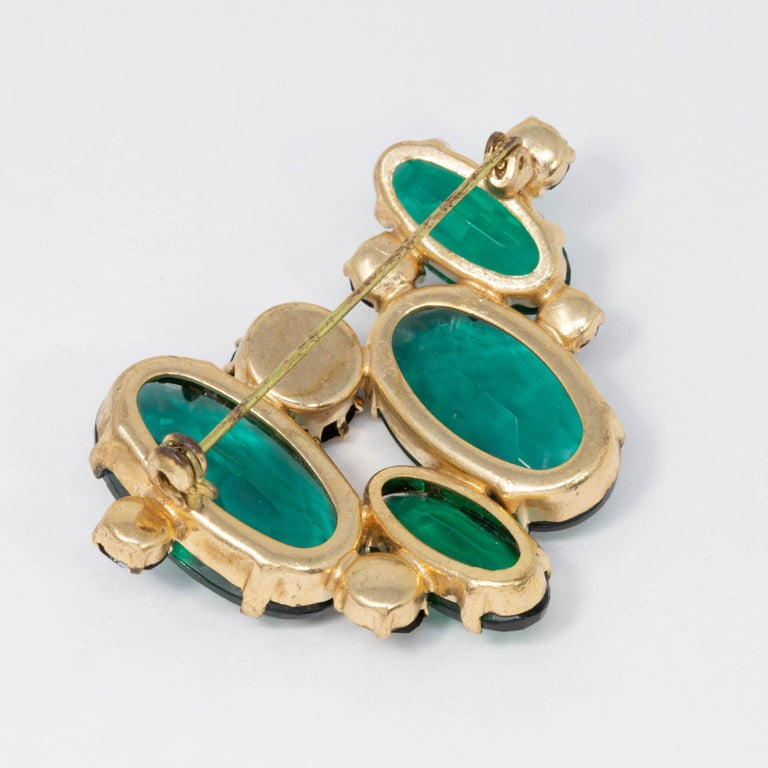 Jet Black and Emerald Green Open Back Crystal Pin Brooch, Mid 1900s
