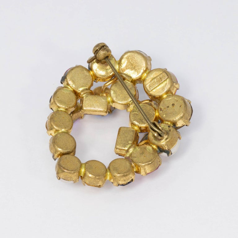 Austrian Multi Color Glass Crystal Cluster and Faux Pearl Pin Brooch in Gold