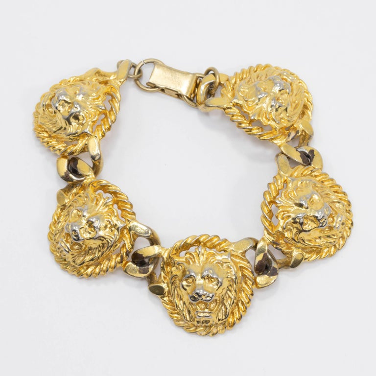 Golden Lion Head Link Bracelet and Clip On Earrings, Vintage, Mid 1900s