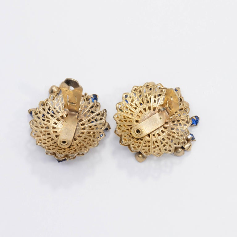 Layered Filigree Sapphire Crystal Cluster Clip on Earrings in Gold, Mid 1900s