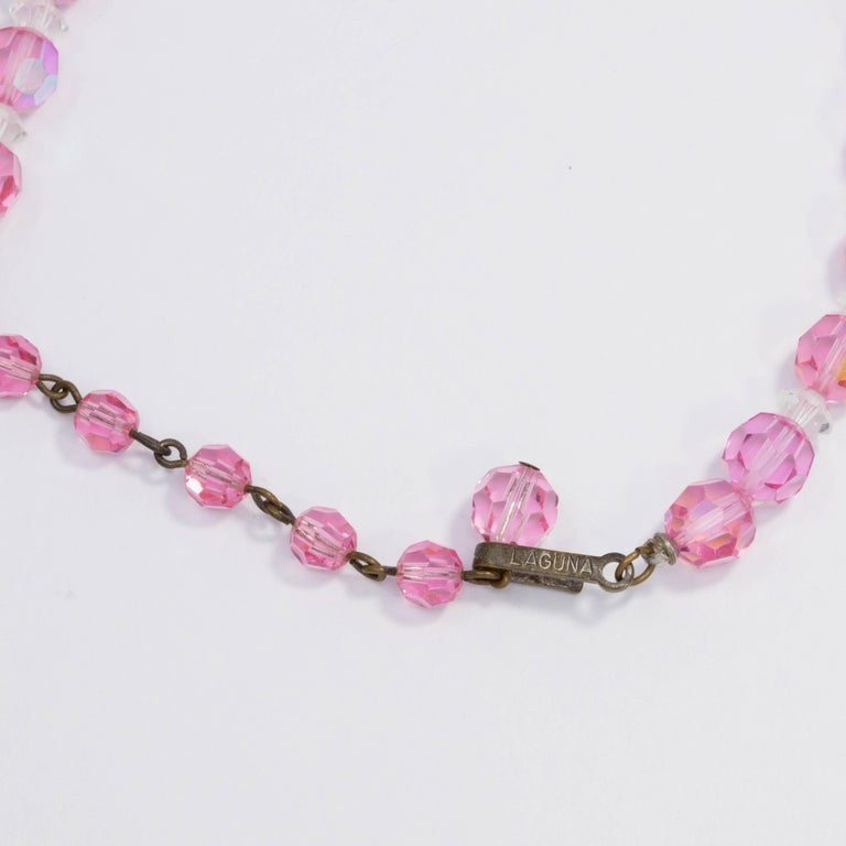 Laguna Pink Rose Faceted Crystal Bead Necklace with Vintage Brass Hook Clasp