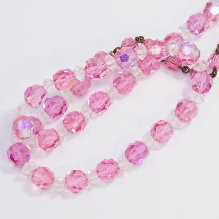 Laguna Pink Rose Faceted Crystal Bead Necklace with Vintage Brass Hook Clasp