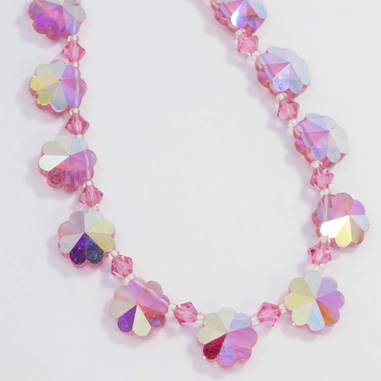 Rose Aurora Borealis Two-Tone Crystal Flower Bead Necklace, Vintage Mid 1900s