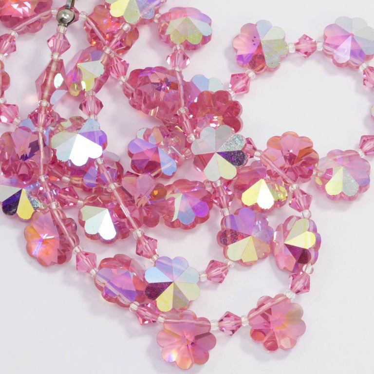 Rose Aurora Borealis Two-Tone Crystal Flower Bead Necklace, Vintage Mid 1900s
