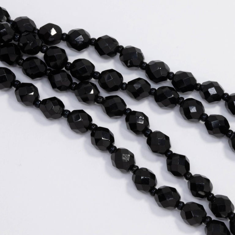 60" Black Czechoslovakian Jet Faceted Crystal Bead Long Rope Necklace, Mid 1900s