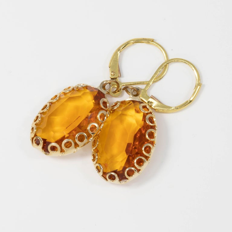 Amber Orange Crystal Dangling Lever Back Dangle Earrings in Gold